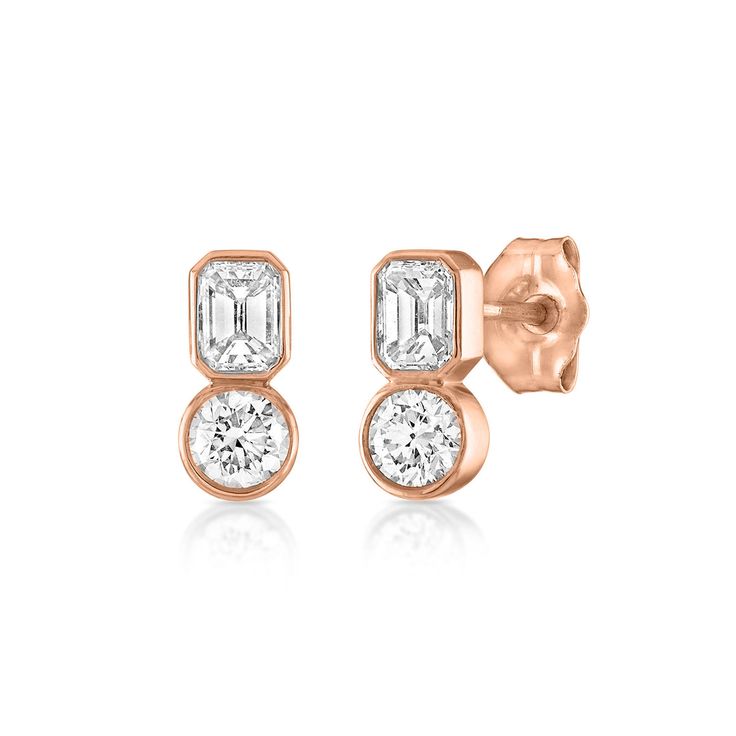Round and Emerald Lab Grown Diamonds Two stone Stud Earrings