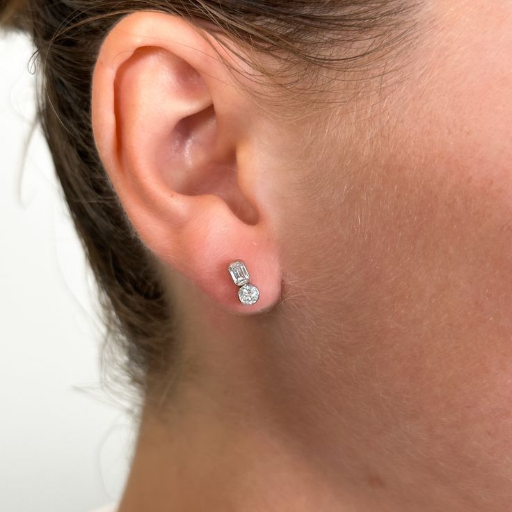 Round and Emerald Lab Grown Diamonds Two stone Stud Earrings