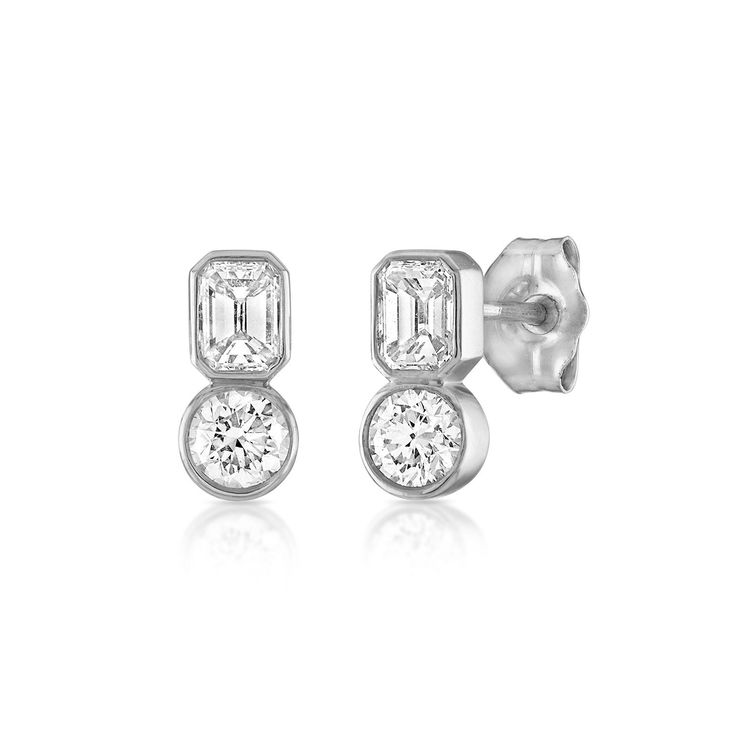 Round and Emerald Lab Grown Diamonds Two stone Stud Earrings