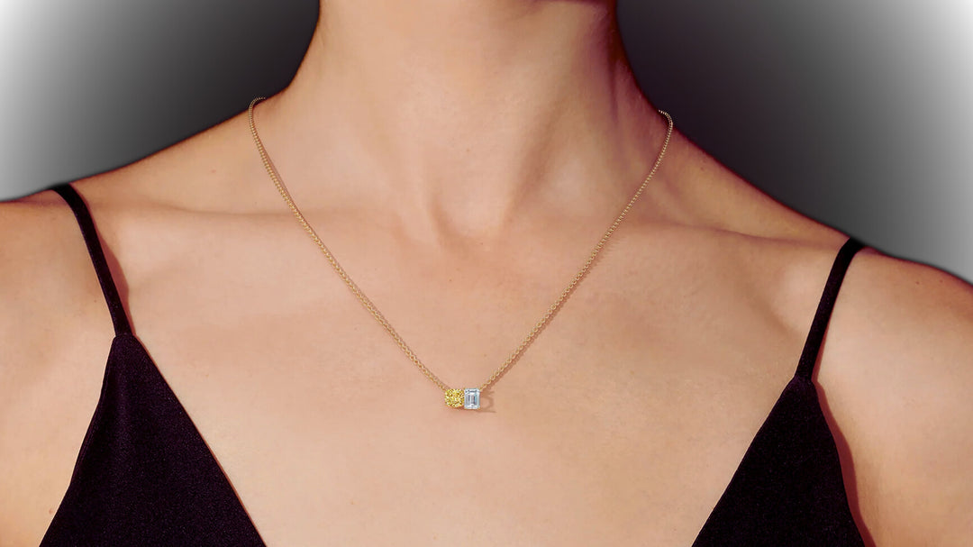 Yellow Cushion and White Emerald Lab Grown Diamond Necklace