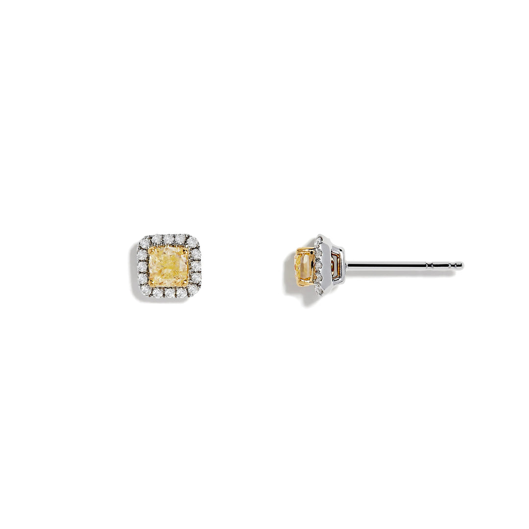 Two-Tone Gold Cushion Cut Yellow Lab Grown Diamond Halo Stud Earrings