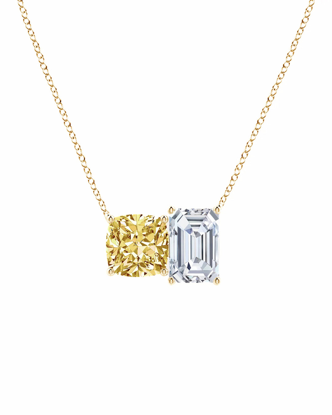 Yellow Cushion and White Emerald Lab Grown Diamond Necklace